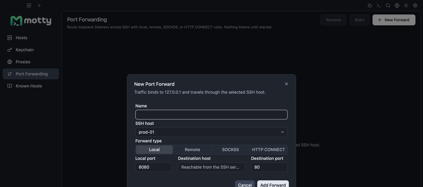 New port forward dialog