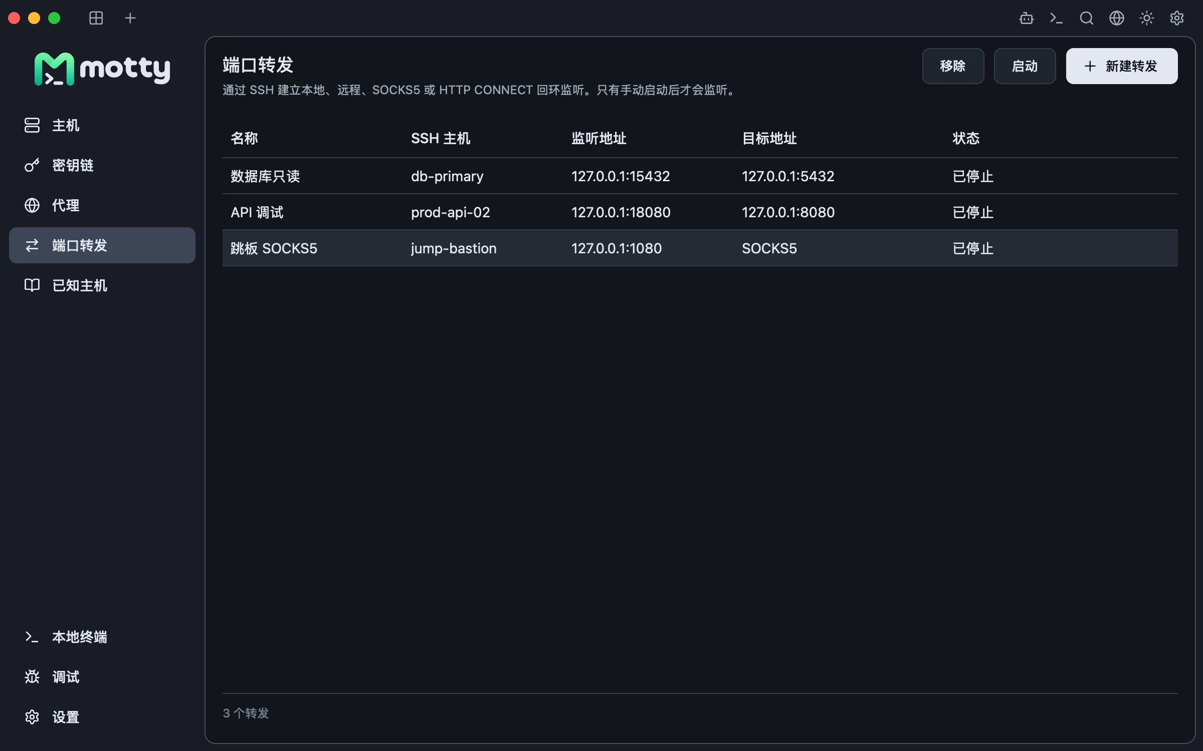 Motty 的端口转发列表